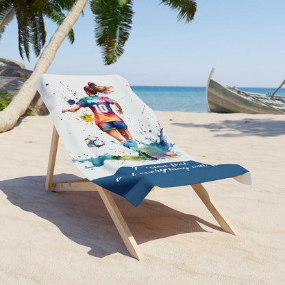 Soccer girl quote personalized sports beach towel custom name number, multicolor watercolor football art on a lounger