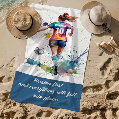 Soccer girl quote personalized sports beach towel custom name number, multicolor watercolor football art lifestyle sand