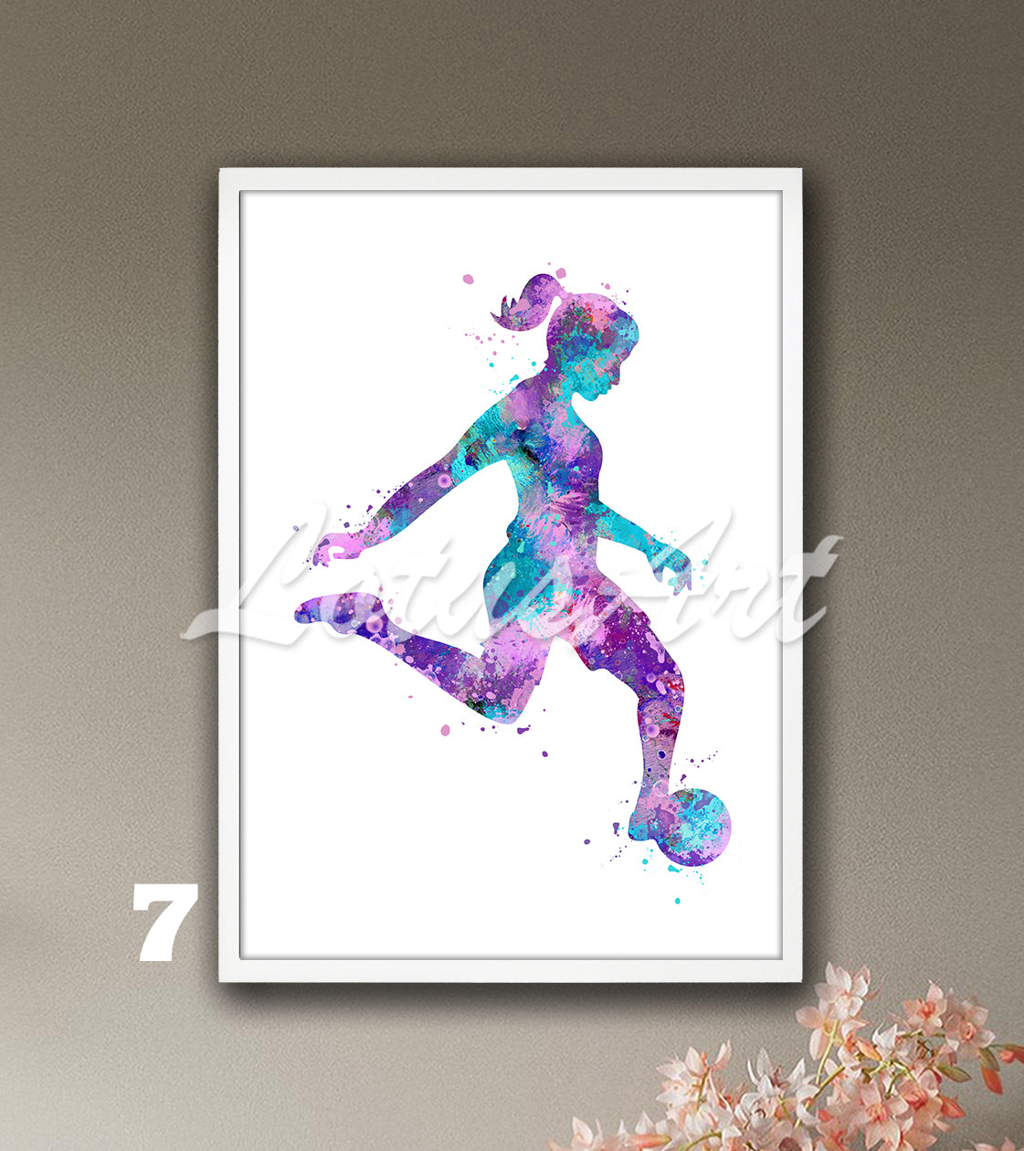 Soccer girl watercolor sports art print in vivid blue, purple & pink colors - kids room poster