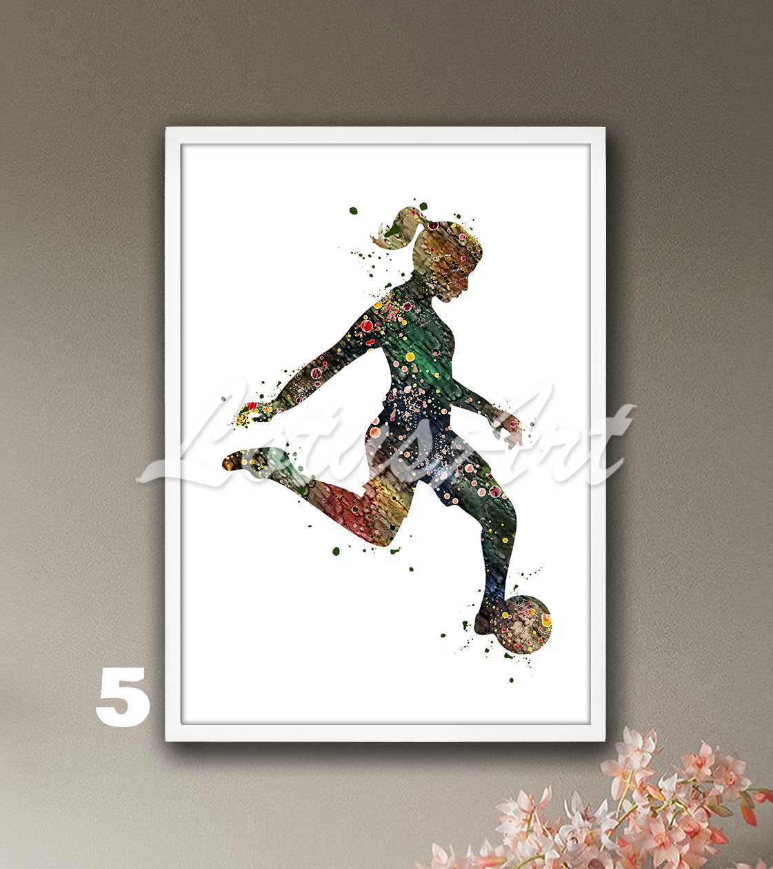 Soccer girl watercolor sports art poster in vivid & brown colors - kids room wall decor