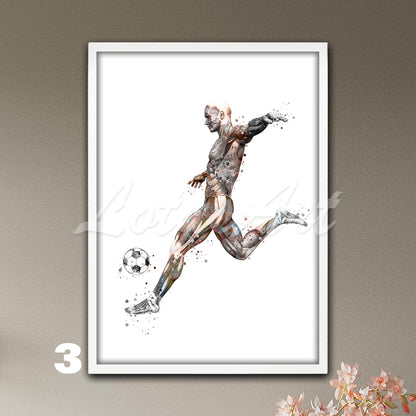 Male soccer body muscles anatomy art print, sports medical watercolor wall decor in pastel.