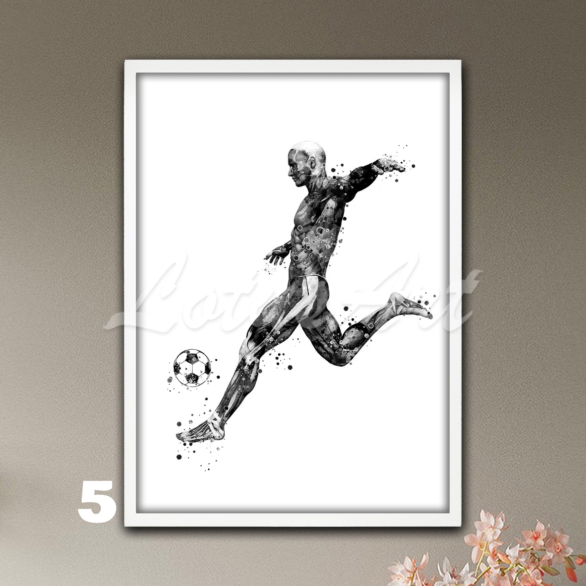 Body muscles anatomy art of male soccer, sports medical watercolor wall decor in black white.