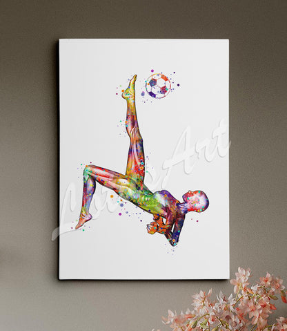 Body muscles anatomy art print on canvas of a female soccer, watercolor painting of sports medical artwork.