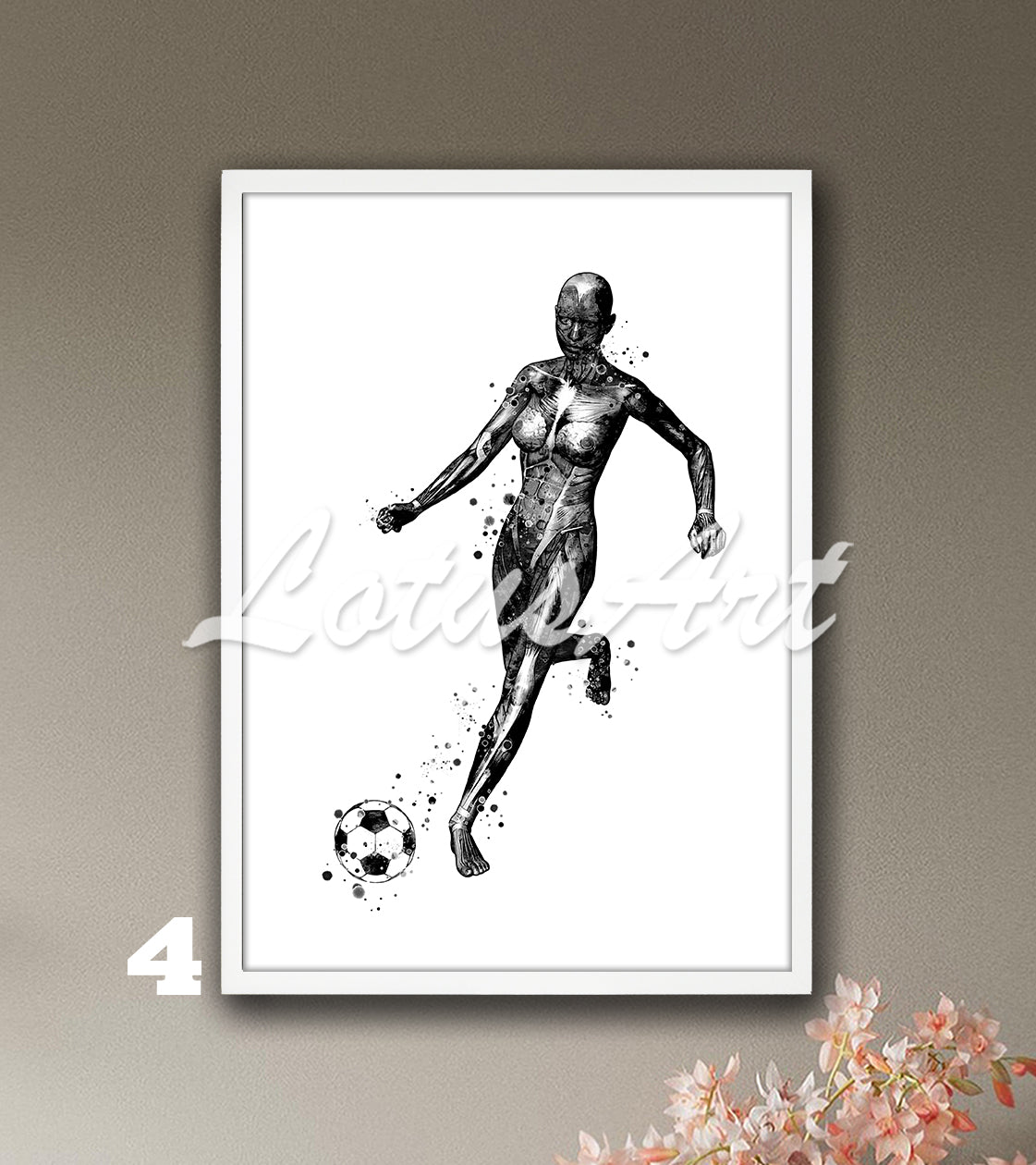 Black-white body muscles anatomy art print of a girl soccer, sports medical watercolor painting.