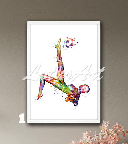 Body muscles anatomy art of a girl soccer, female sports medical multicolor watercolor wall decor.