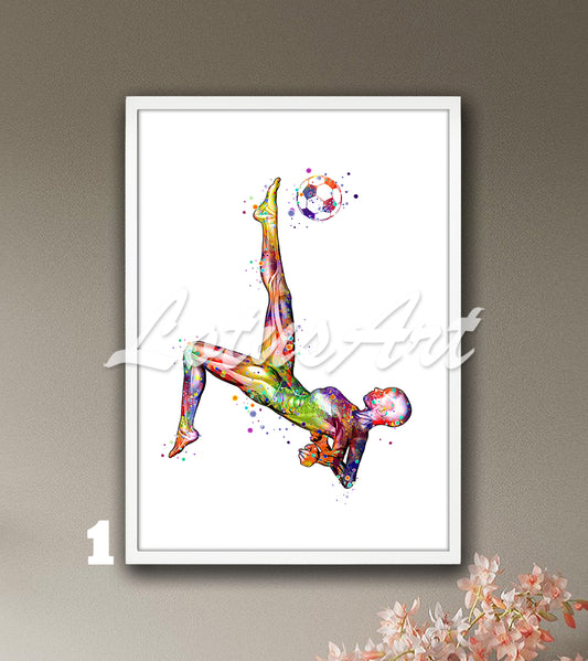 Body muscles anatomy art of a girl soccer, female sports medical multicolor watercolor wall decor.