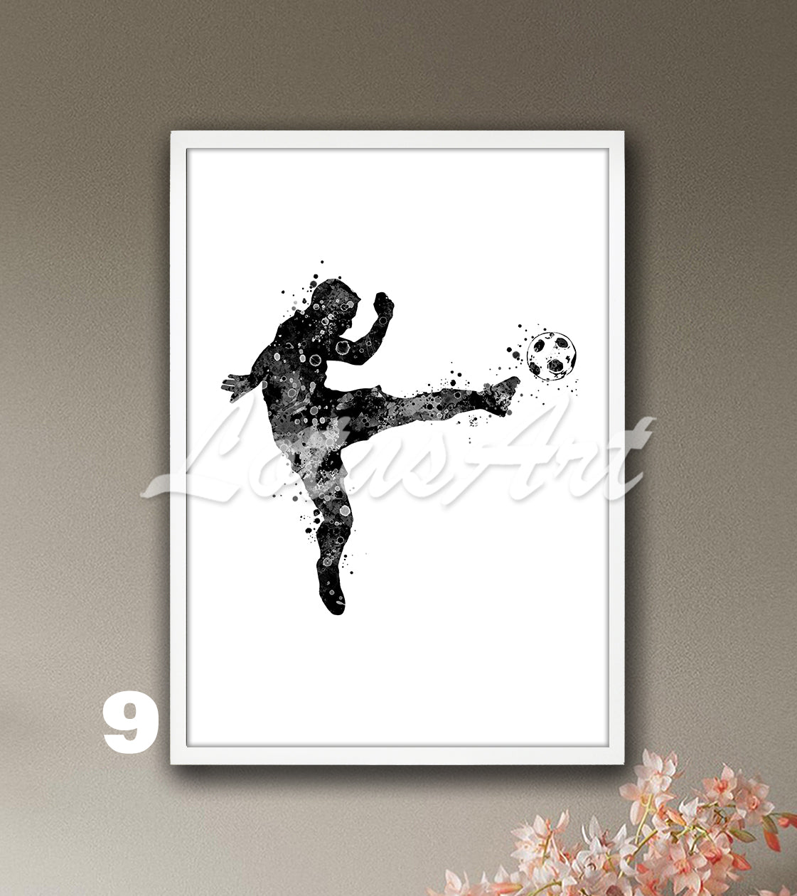 Soccer player watercolor sports art print in black & white - minimalist kids room decor