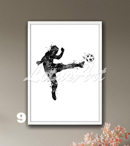 Soccer player watercolor sports art print in black & white - minimalist kids room decor