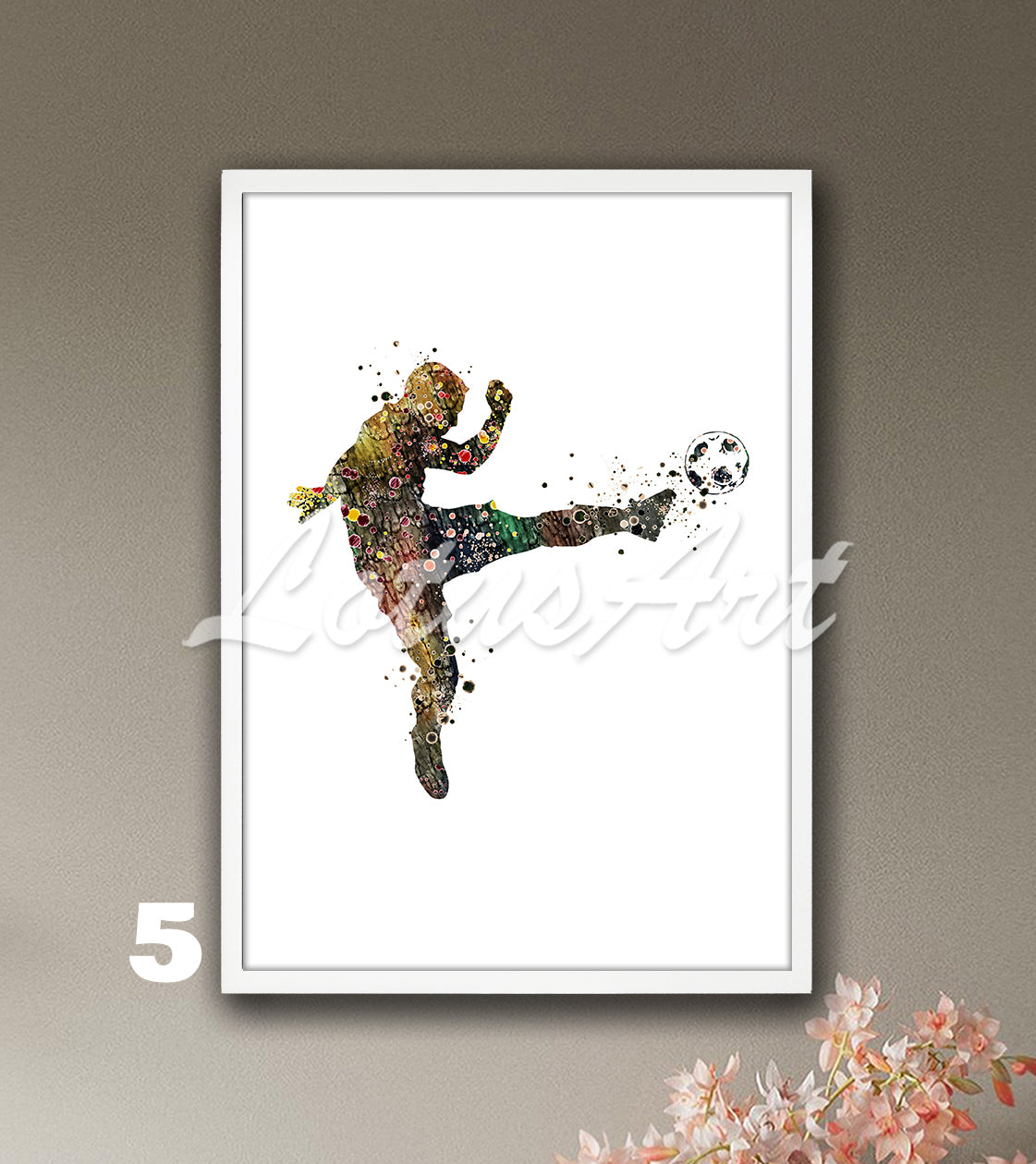 Soccer player watercolor sports art prit in pastel brown tones - kids room wall art