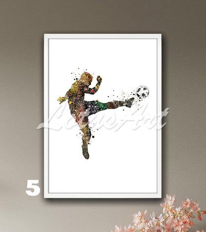 Soccer player watercolor sports art prit in pastel brown tones - kids room wall art