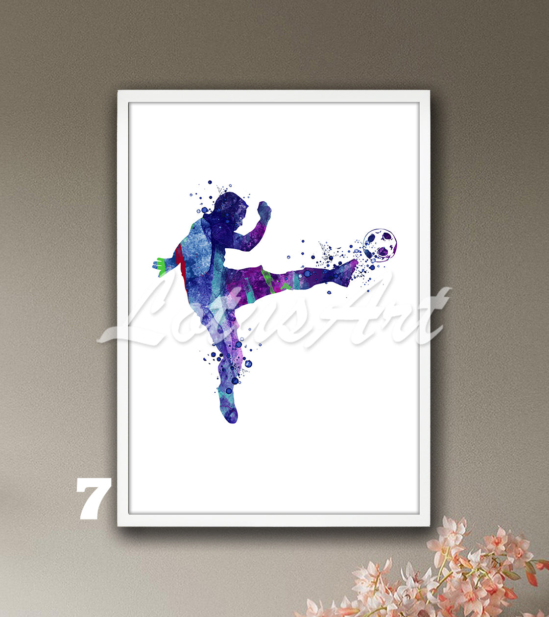 Soccer player watercolor sports poster in dark blue & purple colors - kids room wall decor