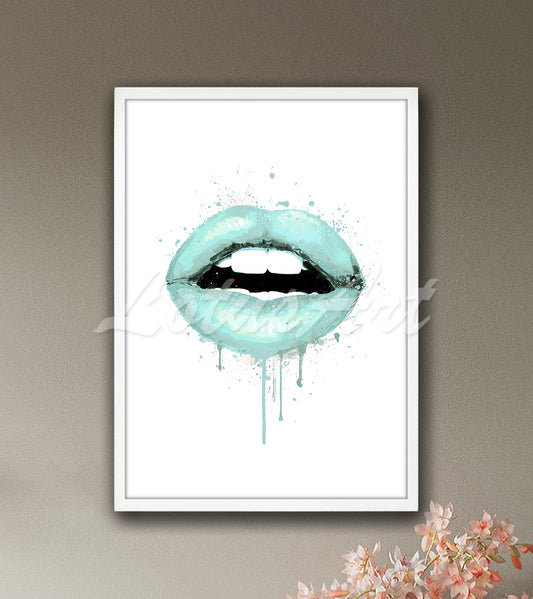 Spearmint Aqua Lips Watercolor Print – Modern Chic Wall Art & Gifts, Fashion Girls Room Decor