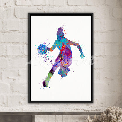 Sports canvas art girl basketball watercolor print - black framed wall art on white brick
