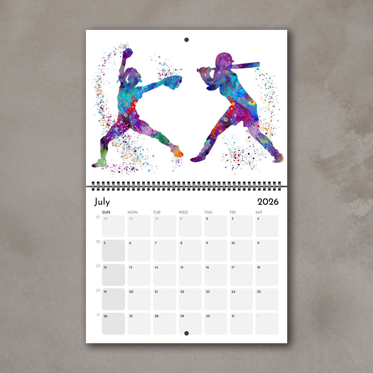 2026 Sports watercolor wall art calendar July page with baseball & softball design, gift for girl athletes & girls room decor