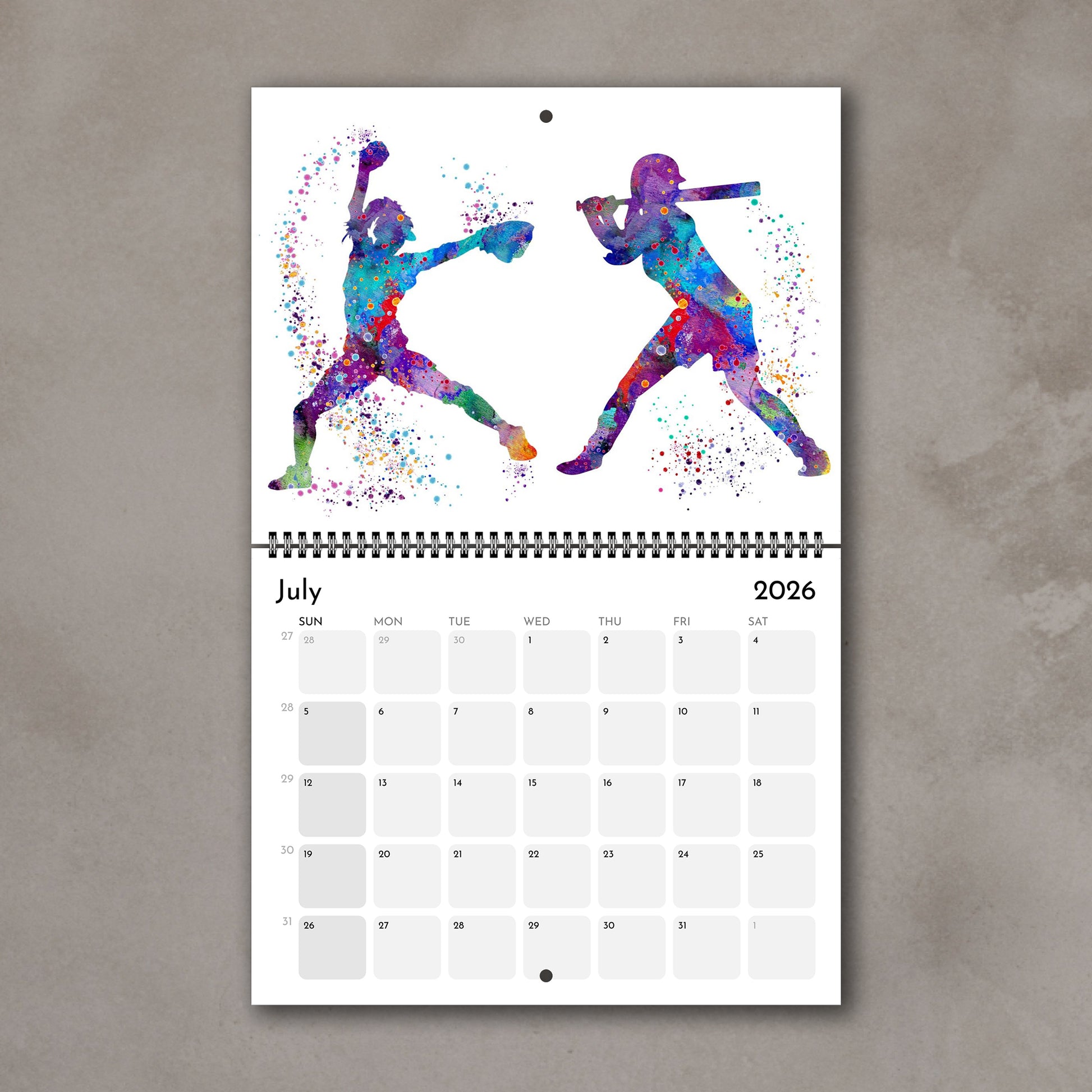 2026 Sports watercolor wall art calendar July page with baseball & softball design, gift for girl athletes & girls room decor
