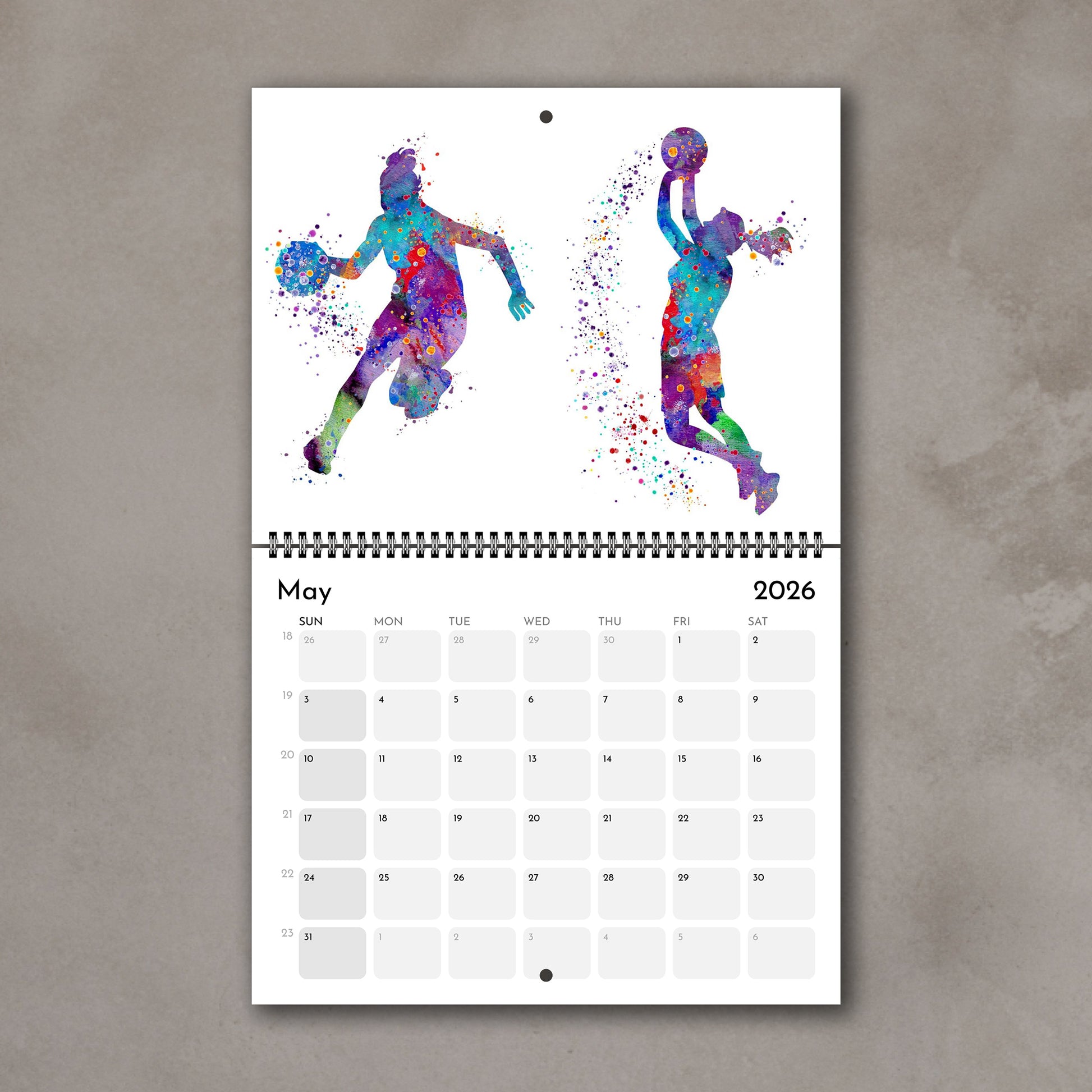 2026 Sports watercolor wall art calendar May page with basketball design, planner for girl athletes & girls room decor & gift