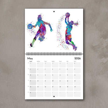 2026 Sports watercolor wall art calendar May page with basketball design, planner for girl athletes & girls room decor & gift