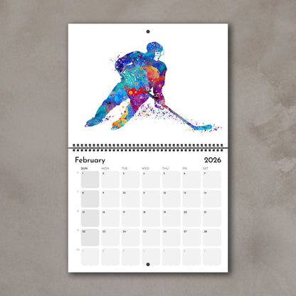 2026 Sports watercolor wall art calendar February page with ice hockey design, planner for girl athletes & girls room decor