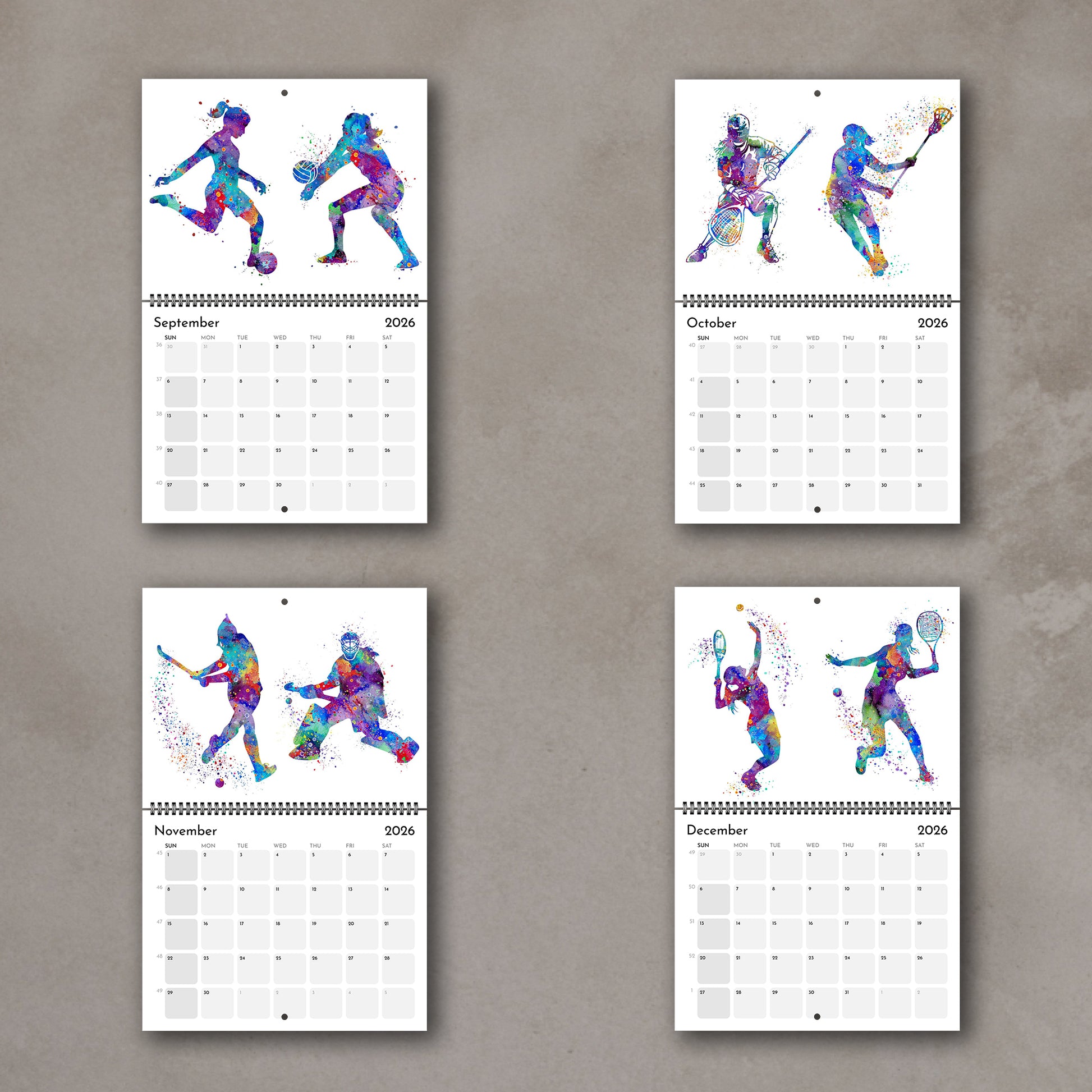 2026 Sports watercolor wall art calendar overview, planner for girl athletes & girls room decor and gift