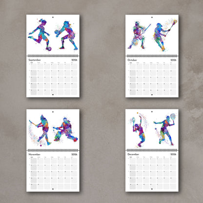 2026 Sports watercolor wall art calendar overview, planner for girl athletes & girls room decor and gift