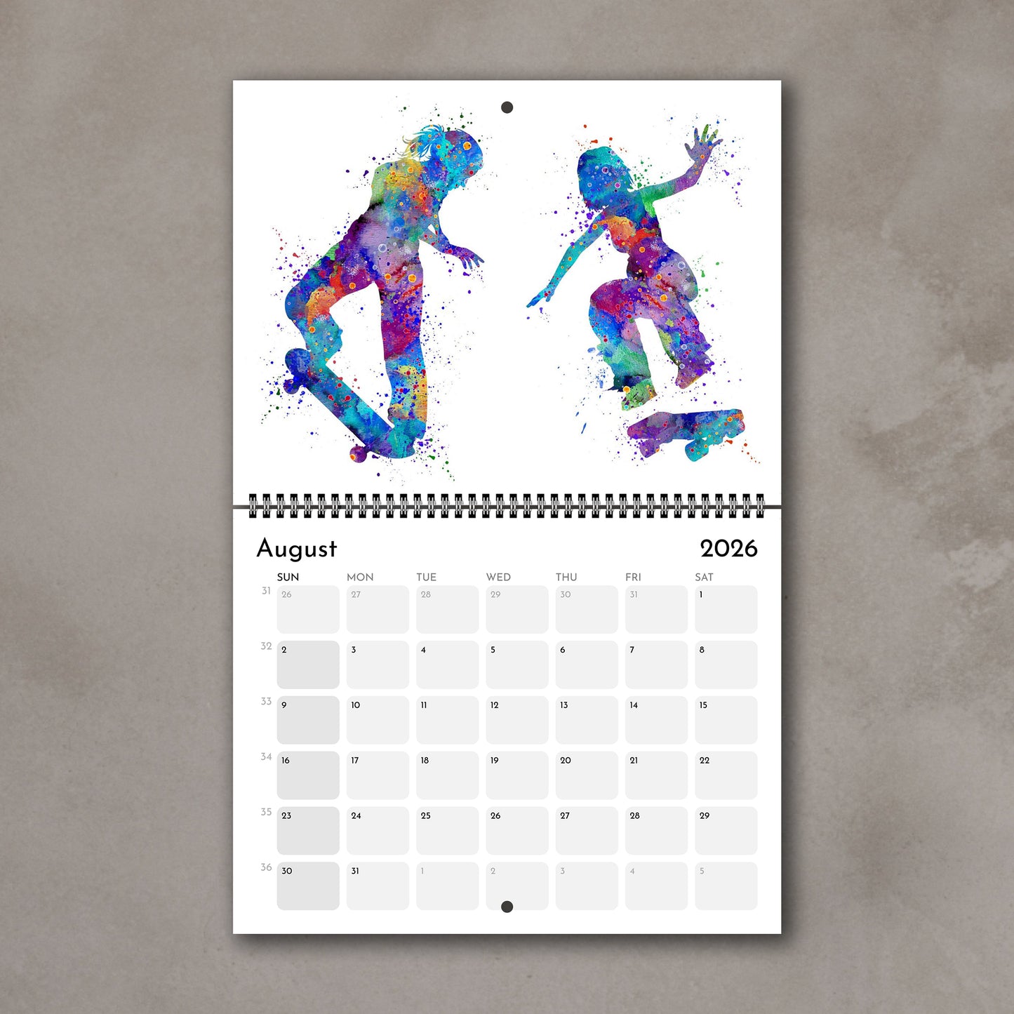 2026 Sports watercolor wall art calendar August page with skateboarding design, planner for girl athletes & girls room decor
