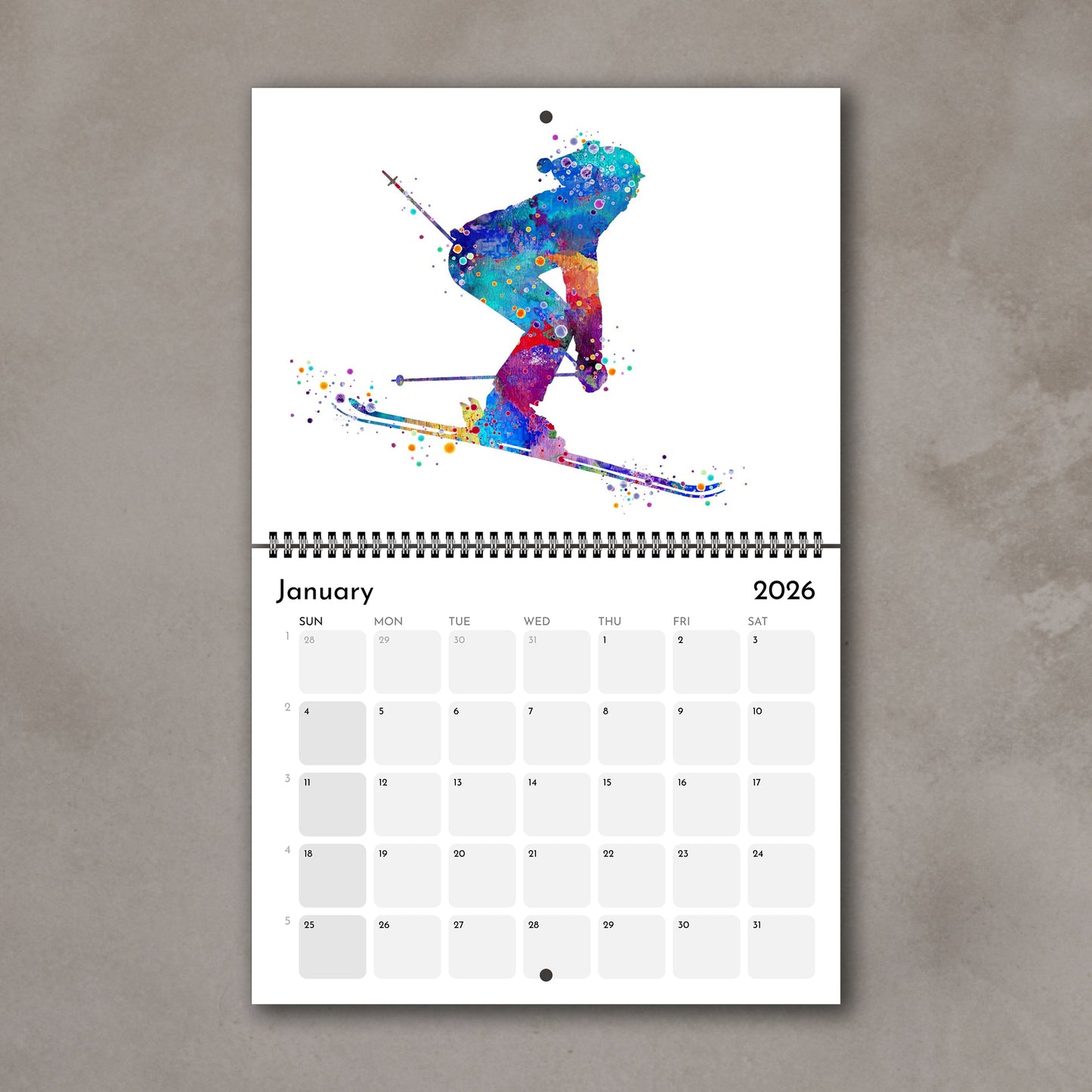 2026 Sports watercolor wall art calendar January page with skiing design, planner for girl athletes & girls room decor