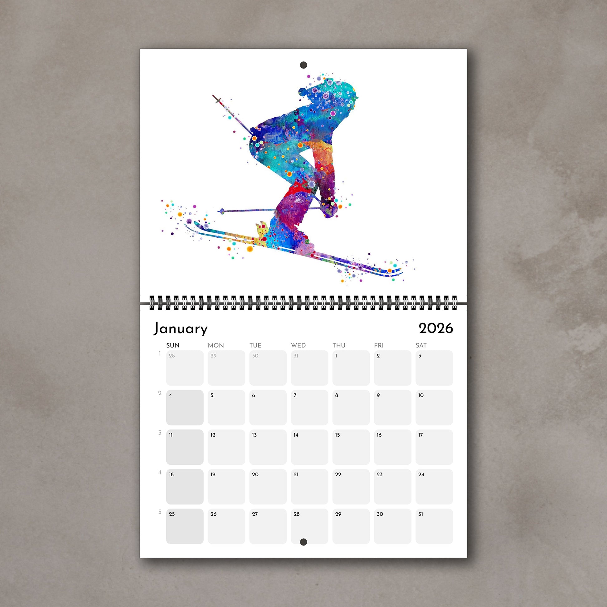 2026 Sports watercolor wall art calendar January page with skiing design, planner for girl athletes & girls room decor