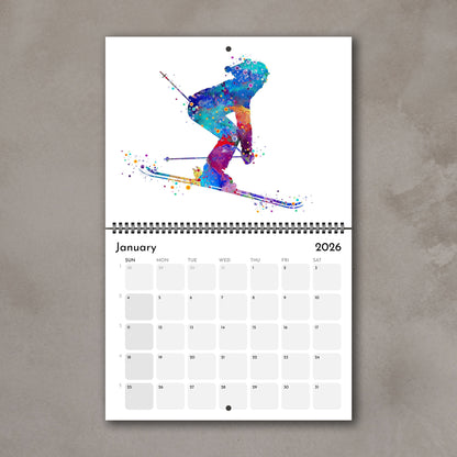 2026 Sports watercolor wall art calendar January page with skiing design, planner for girl athletes & girls room decor
