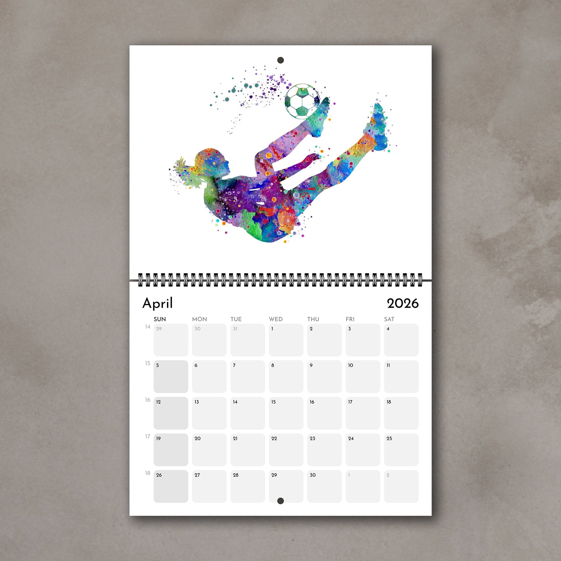 2026 Sports watercolor wall art calendar April page with soccer design, planner for girl athletes & football girls room decor