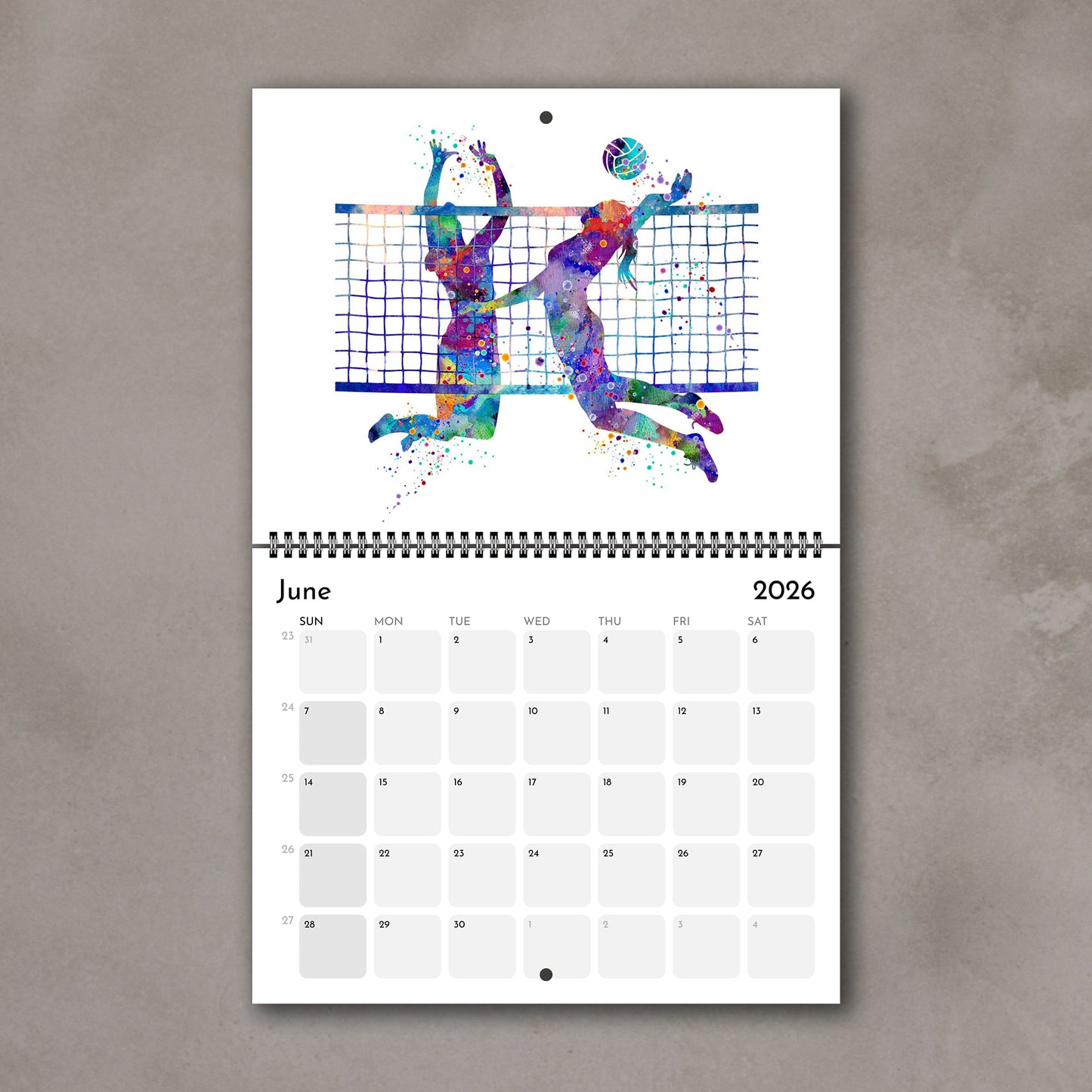 2026 Sports watercolor wall art calendar June page with volleyball design, planner for girl athletes & girls room decor