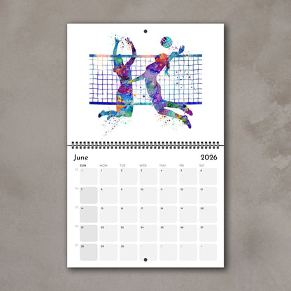 2026 Sports watercolor wall art calendar June page with volleyball design, planner for girl athletes & girls room decor