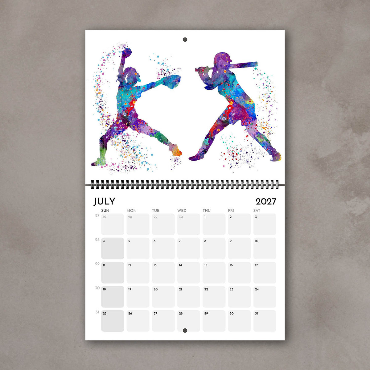 2027 sports watercolor wall calendar July page with baseball and softball design, gift for girl athletes