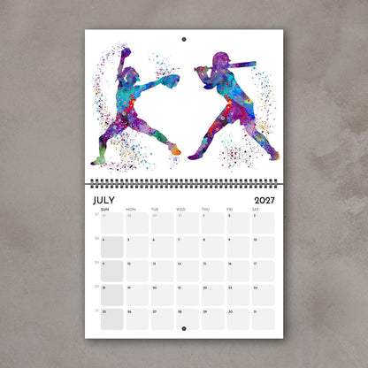 2027 sports watercolor wall calendar July page with baseball and softball design, gift for girl athletes