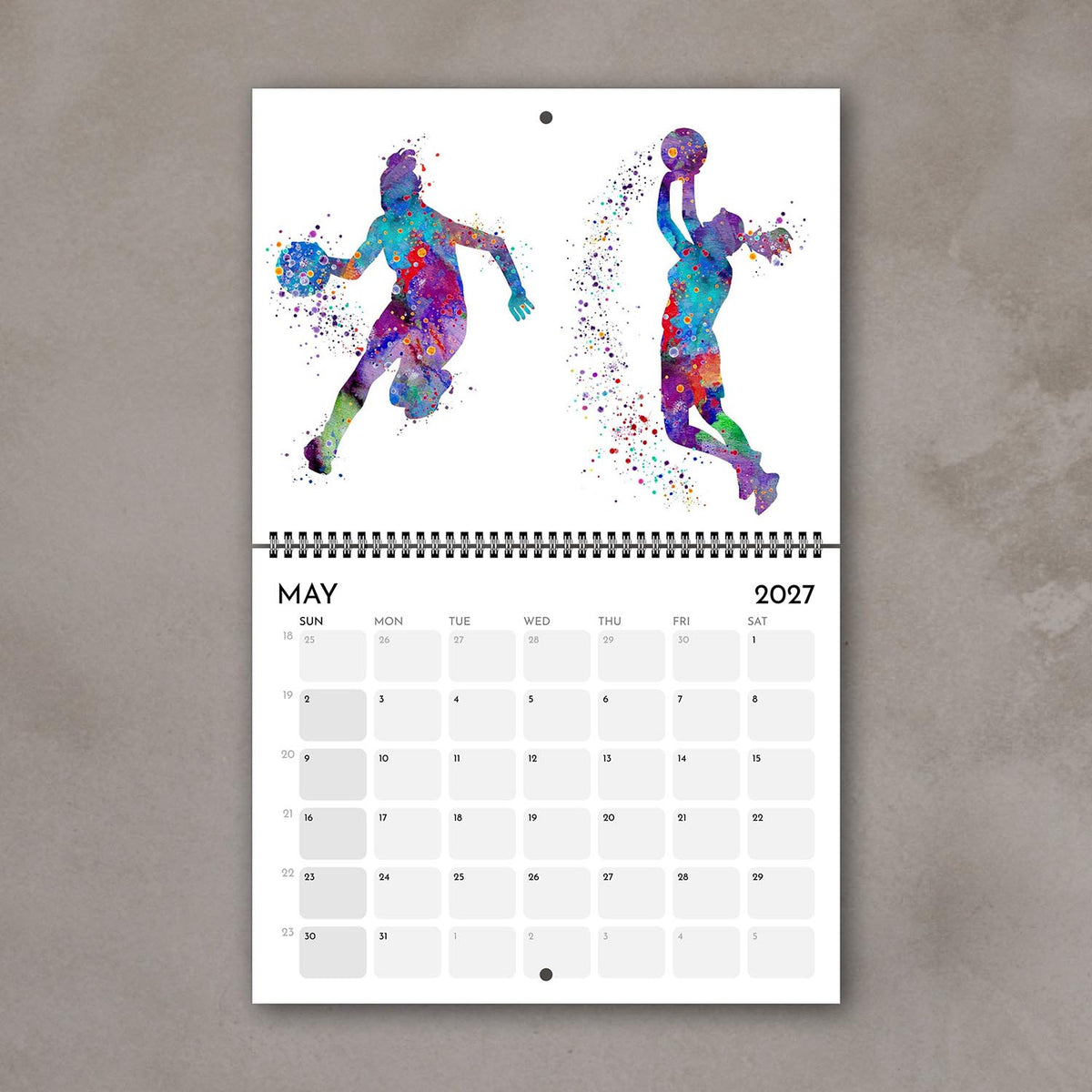 2027 sports watercolor wall calendar May page with basketball design, planner for girl athletes and girls' room decor