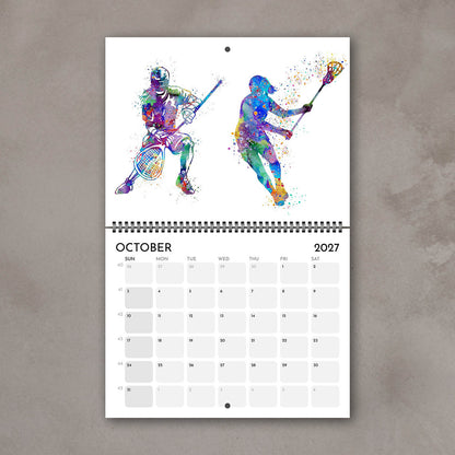2027 sports watercolor wall calendar October page with lacrosse art for girl athletes and girls' room decor