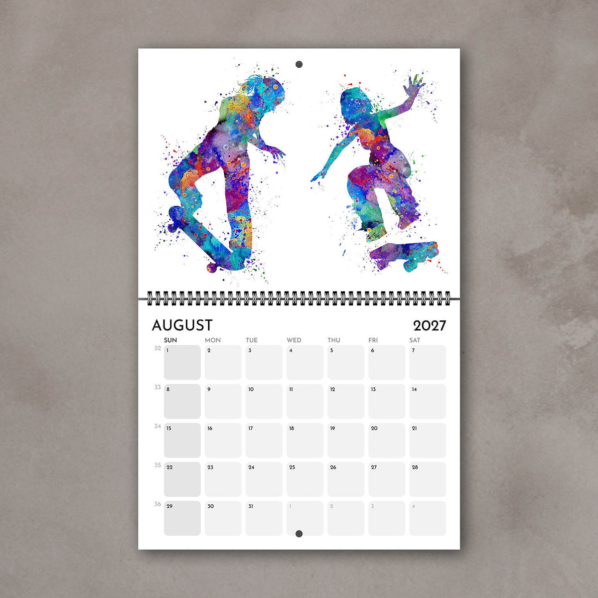 2027 sports watercolor wall calendar August page with skateboarding design, planner for girl athletes