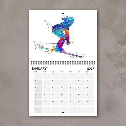 2027 sports watercolor wall calendar January page with skiing design, planner for girl athletes and girls' room decor
