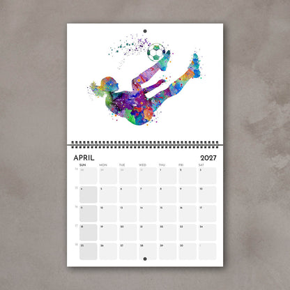 2027 sports watercolor wall calendar April page with soccer design, planner for girl athletes and girls' room decor