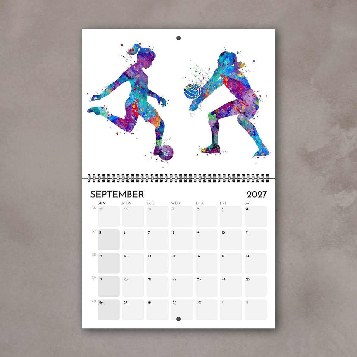 2027 sports watercolor wall calendar September page with soccer and volleyball art for girl athletes