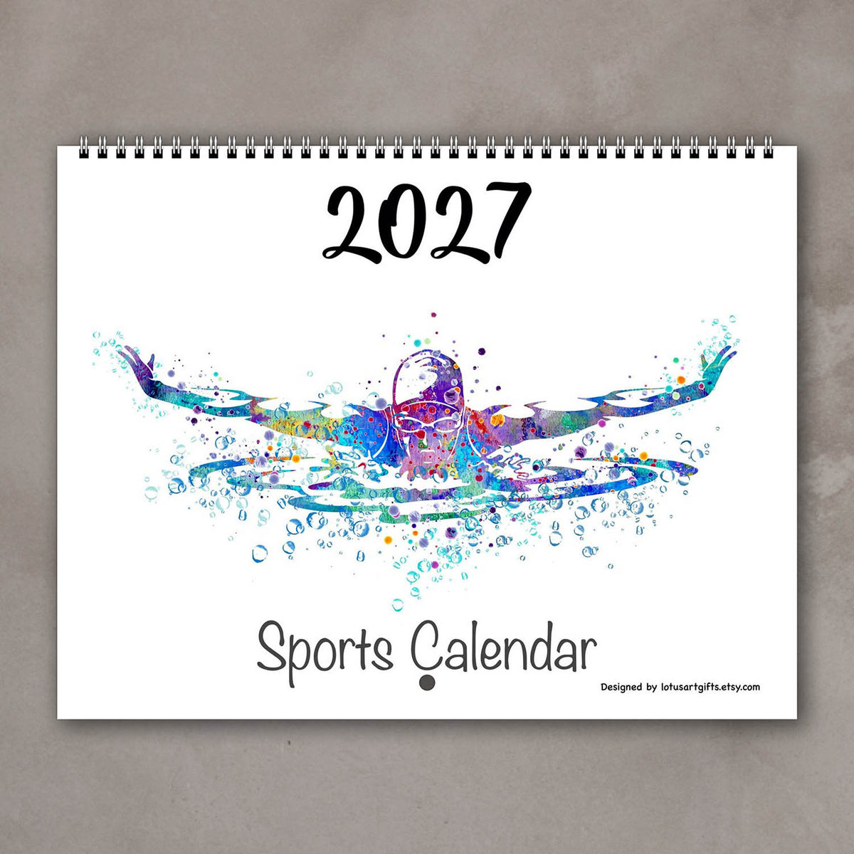 2027 sports watercolor wall calendar cover with swimming design, planner for girl athletes and girls' room decor