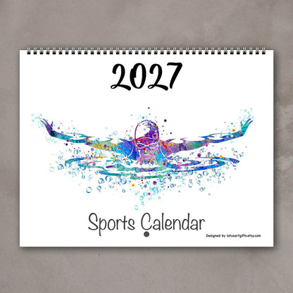 2027 sports watercolor wall calendar cover with swimming design, planner for girl athletes and girls' room decor