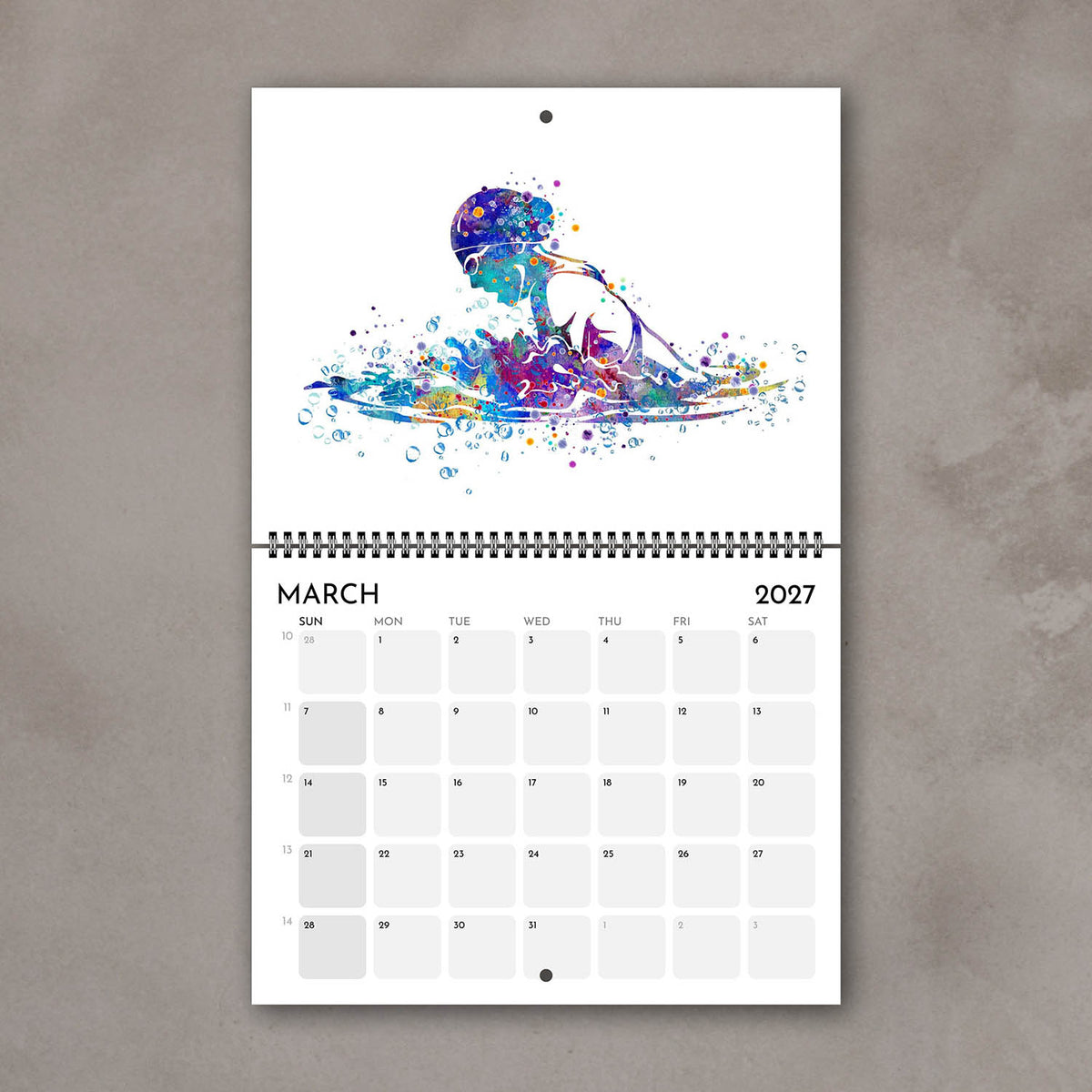 2027 sports watercolor wall calendar March page with swimming design, planner for girl athletes and girls' room decor