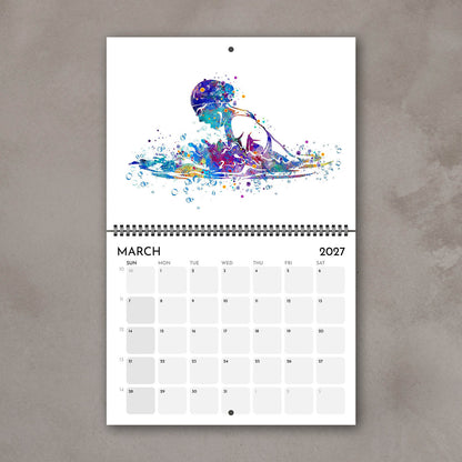 2027 sports watercolor wall calendar March page with swimming design, planner for girl athletes and girls' room decor