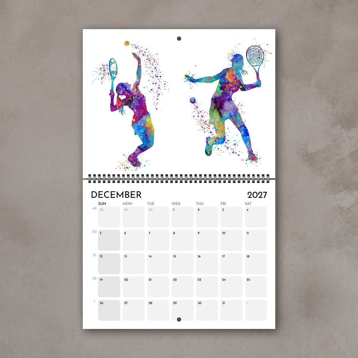 2027 sports watercolor wall calendar December page with tennis art for girl athletes & girls' room decor
