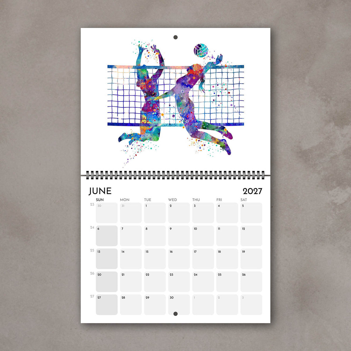 2027 sports watercolor wall calendar June page with volleyball design, planner for girl athletes and girls' room decor