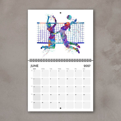 2027 sports watercolor wall calendar June page with volleyball design, planner for girl athletes and girls' room decor