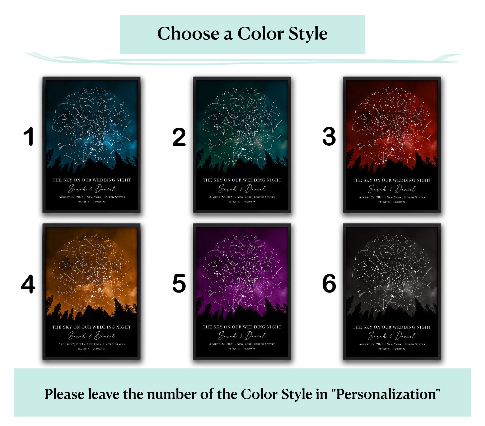 Color options of custom star map wedding night gift showing real star positions, personalized celestial art print for couple