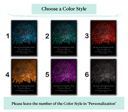 Color options of custom star map wedding night gift showing real star positions, personalized celestial art print for couple