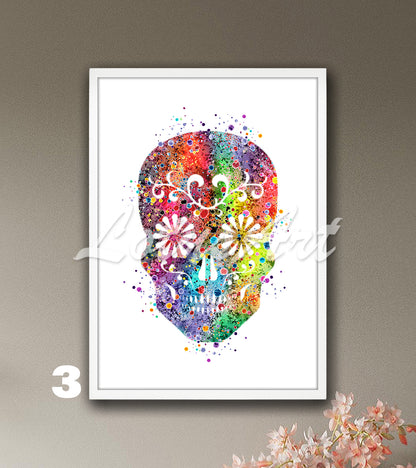 Sugar Skull Watercolor Wall Art Print – Boho Skull Home Decor & Gift