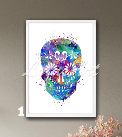 Sugar Skull Watercolor Wall Art Print – Boho Skull Home Decor & Gift